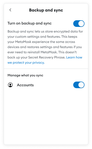 MetaMask locate backup and sync settings